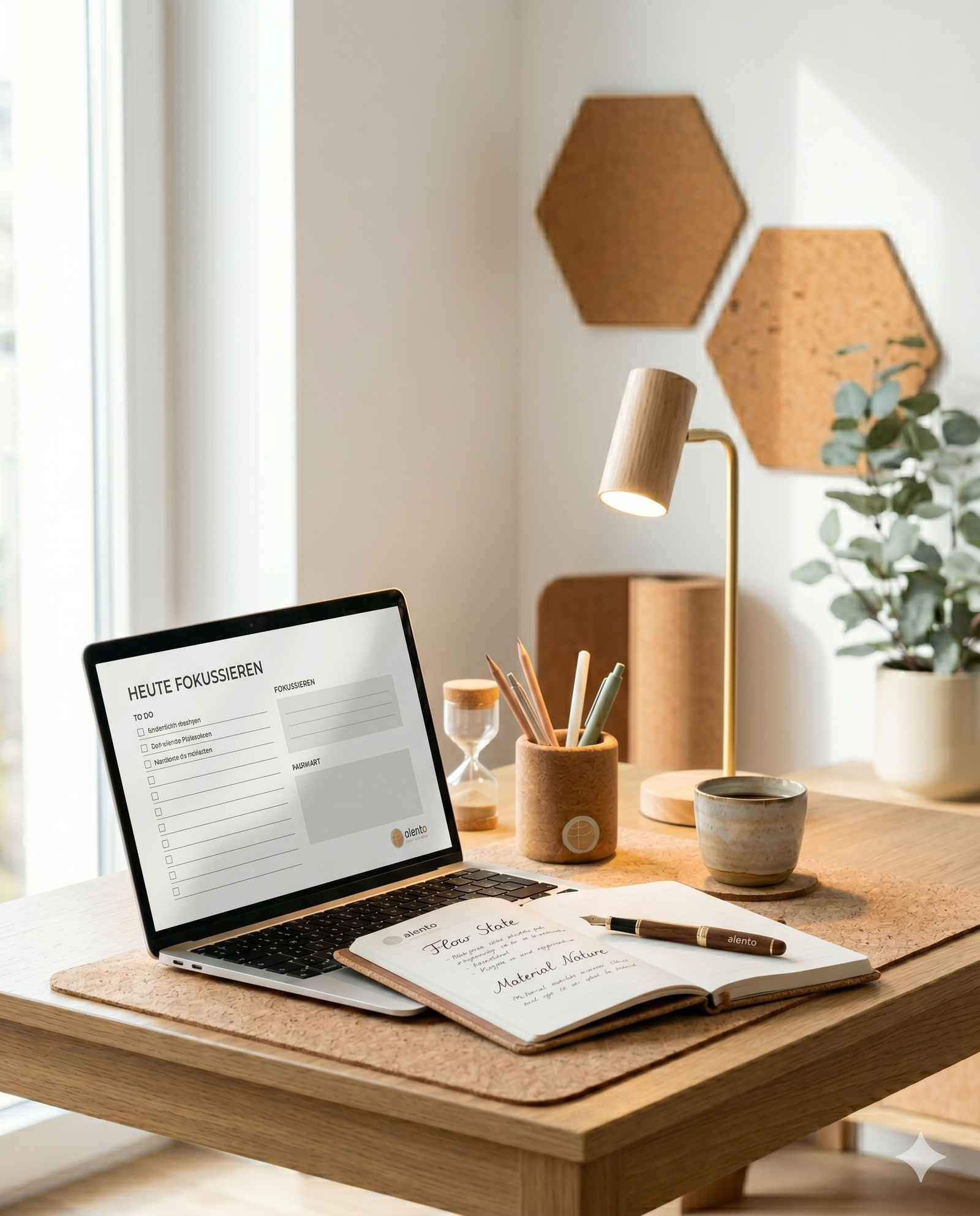 Ein hell beleuchteter, minimalistischer Arbeitsplatz mit einem Holzschreibtisch und großen Fenstern auf der linken Seite. Auf dem Schreibtisch befindet sich eine große Kork-Schreibunterlage, ein silberner Laptop, ein Kork-Stifteköcher und eine Keramiktasse auf einem Kork-Untersetzer. Die weiße Wand ist mit zwei sechseckigen Kork-Pinnwänden dekoriert. Pflanzen wie eine Pilea und eine Geigenfeige auf einem Holzständer bringen Grün in den Raum. Ein alento-Schriftzug ist auf dem Laptop-Bildschirm zu sehen.